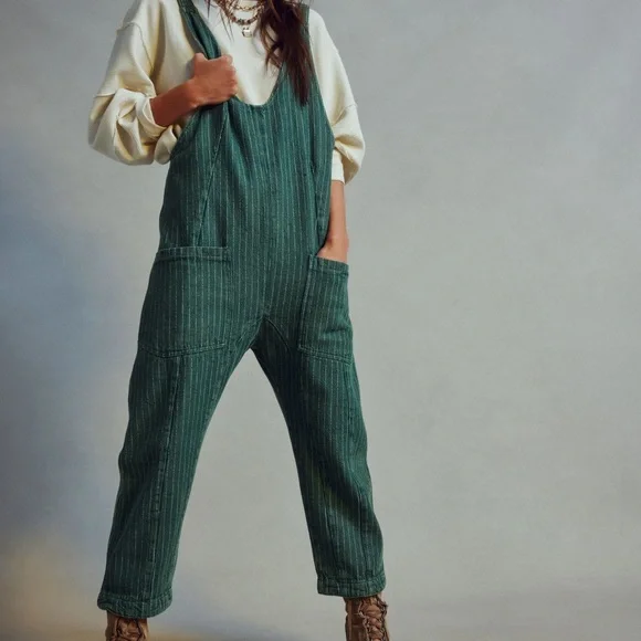 Free People Green Pinstripe Utility Jumpsuit Overalls - Picture 2 of 5
